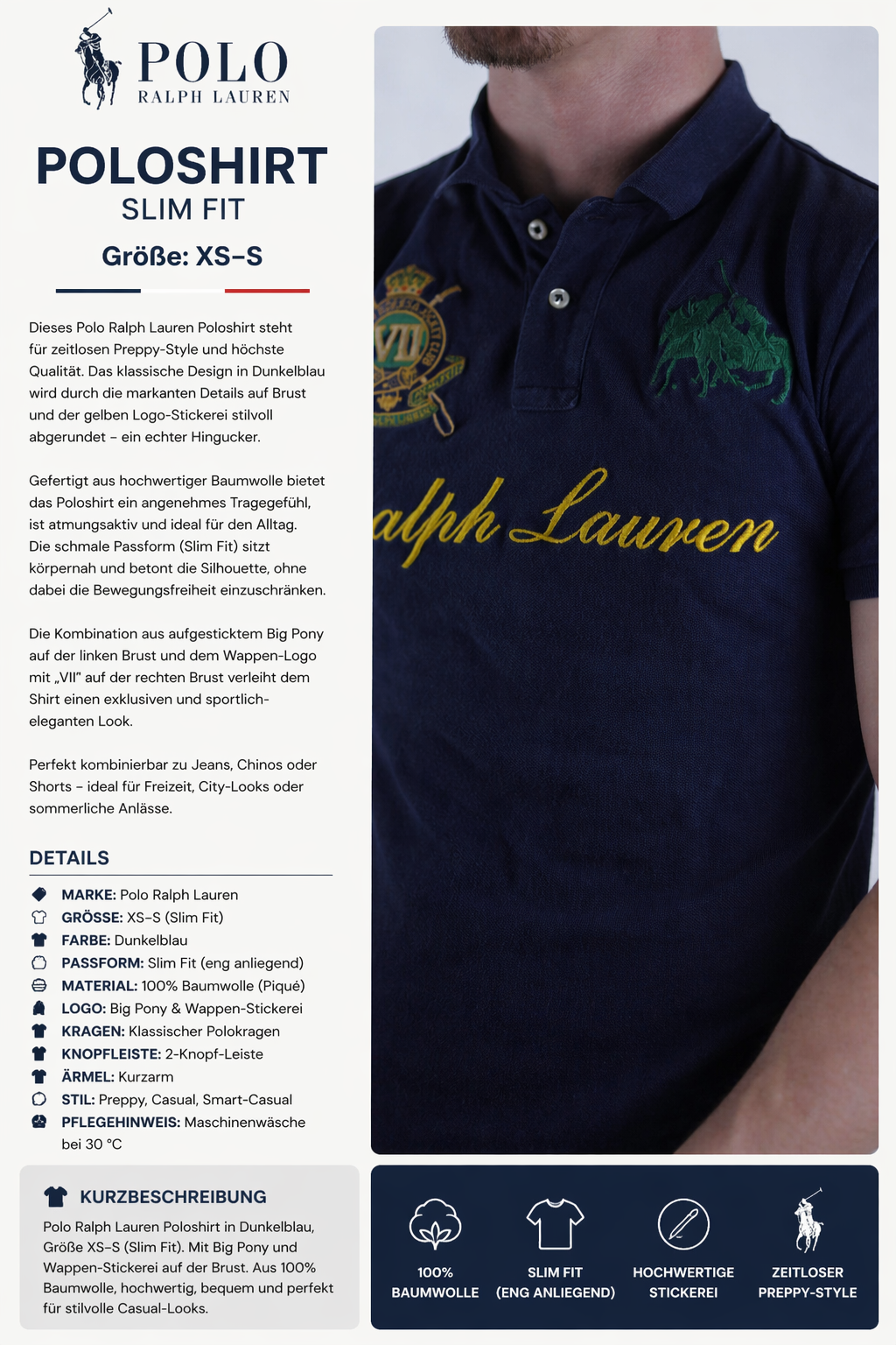 Polo Ralph Lauren Vintage Poloshirt S – Big Logo Navy – Bild 7