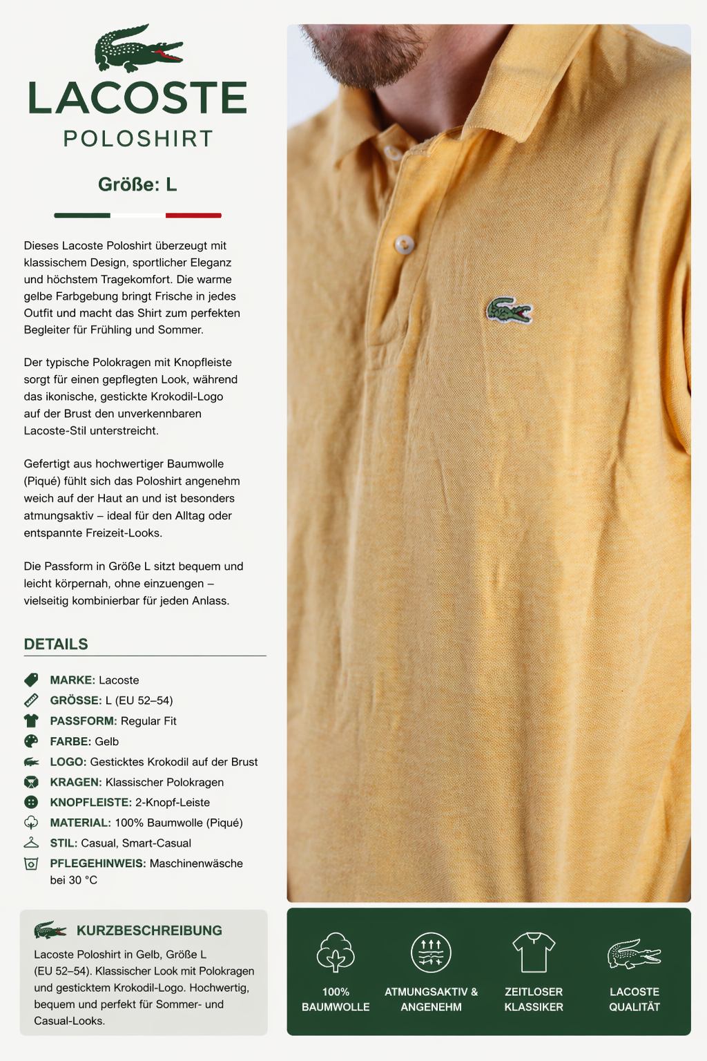 Lacoste Poloshirt in Gelb L – Bild 7